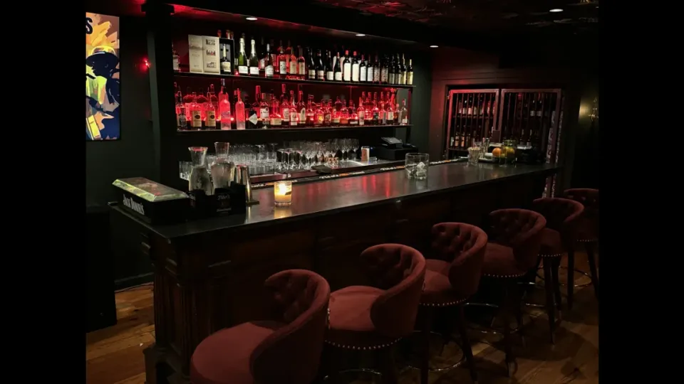 The bar counter and red-lit backbar with tufted velvet stools.